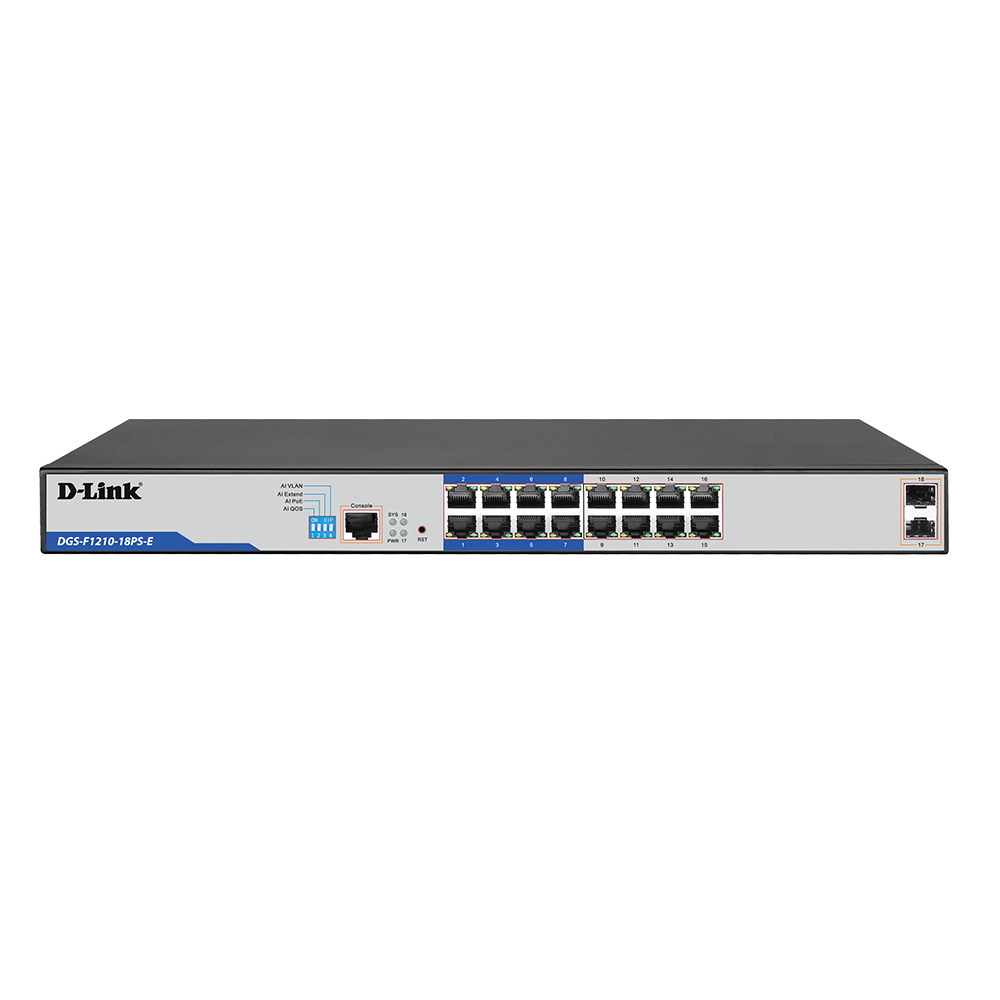 16-port 10/100/1000Base-T Long Range 250m PoE+ Smart Switch with 16 PoE ports, 2 SFP ports, 150W PoE Power budget