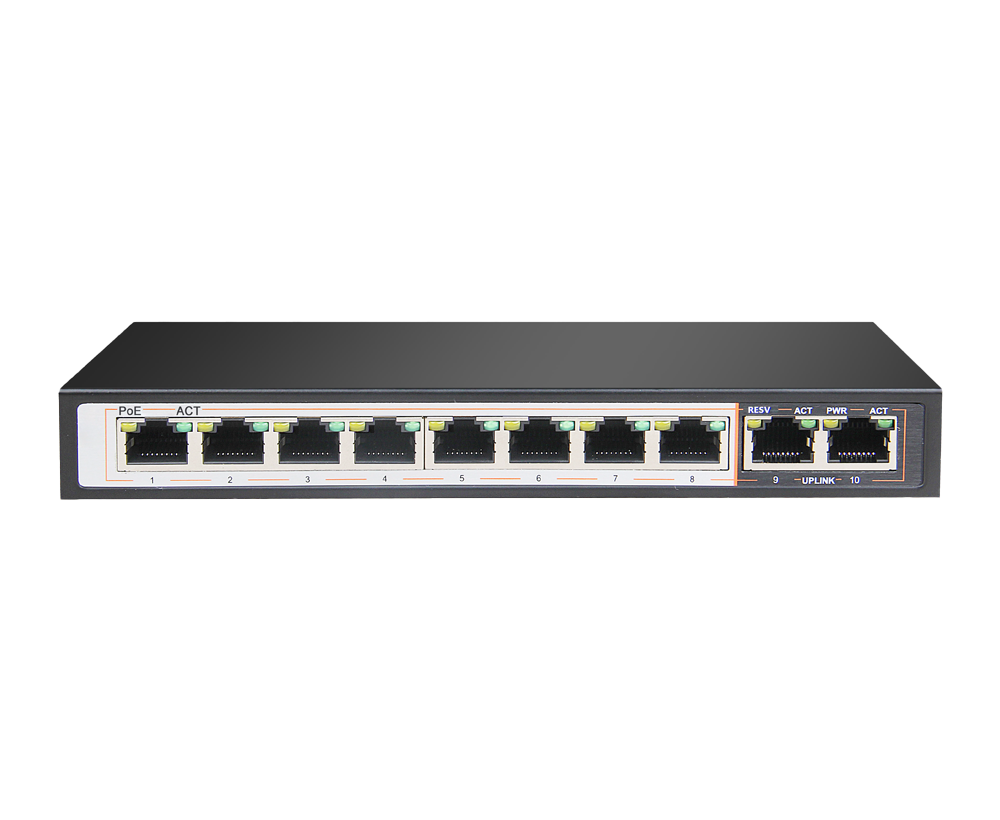 10-port 10/100/1000Base-T Unmanaged Long Range 250m PoE+ Surveillance Switch with 8 PoE ports, 96W PoE Power budget