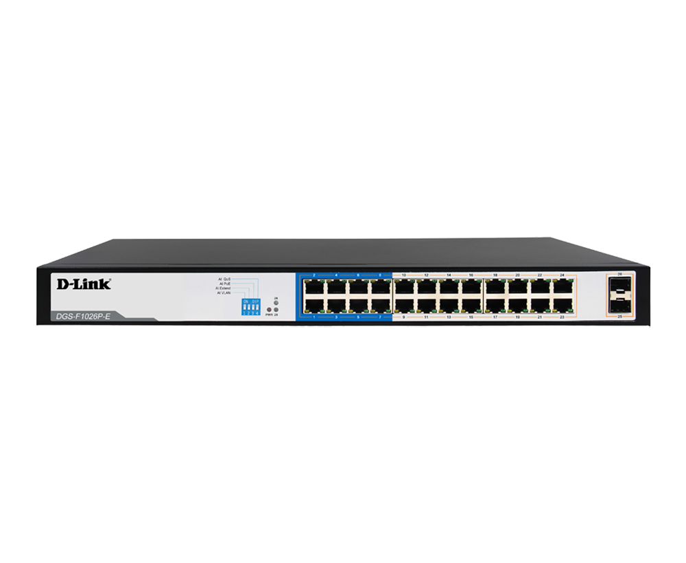26-port 10/100/1000Base-T Unmanaged Long Range 250m PoE+ Surveillance Switch with 24 PoE ports & 2 Gigabit SFP ports