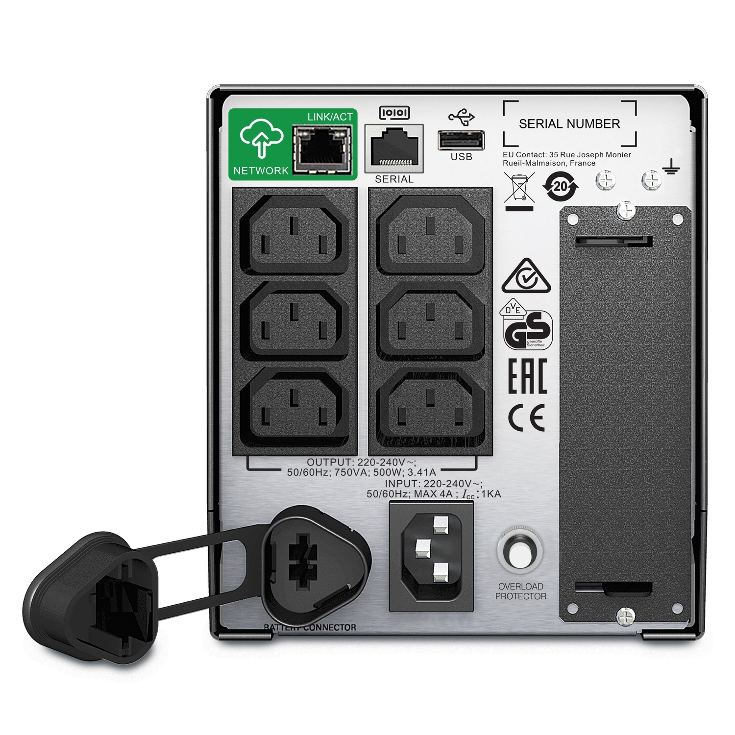APC Smart-UPS, Line Interactive, 750VA, Tower, 230V, 6x IEC C13 outlets, SmartConnect Port+SmartSlot, AVR, LCD