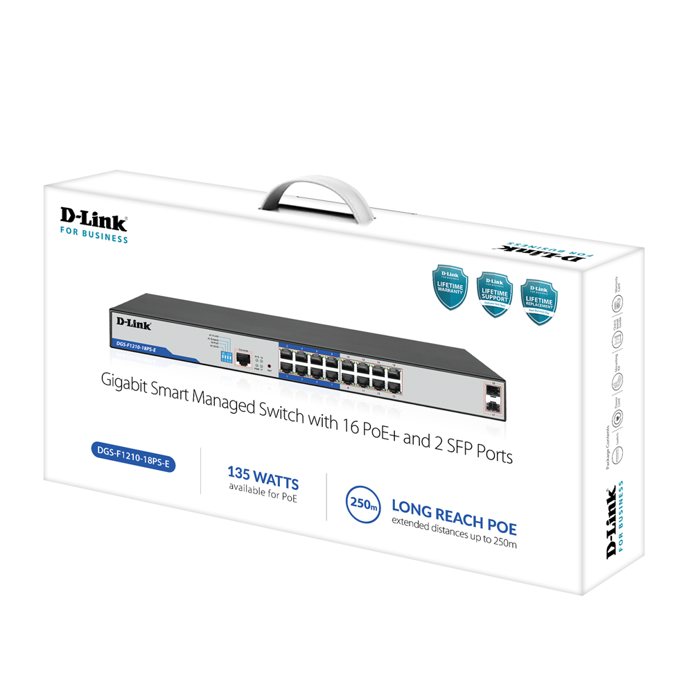 16-port 10/100/1000Base-T Long Range 250m PoE+ Smart Switch with 16 PoE ports, 2 SFP ports, 150W PoE Power budget