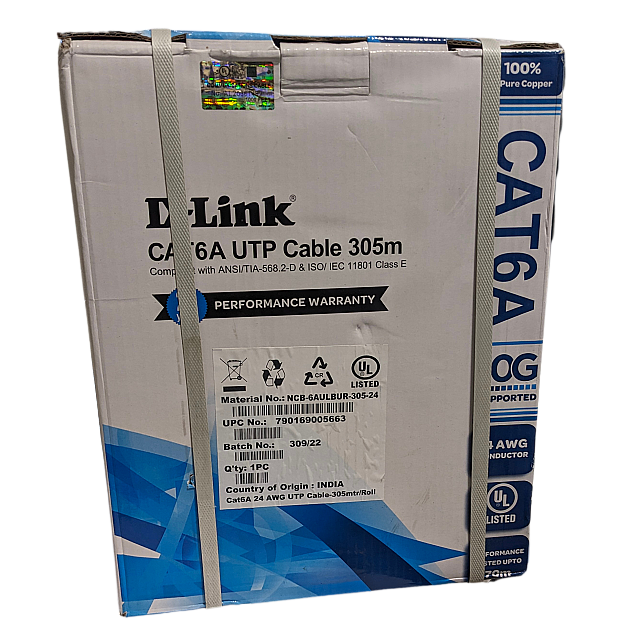 Cat6A 10G UUTP 24AWG PVC Solid Cable - 305m/Roll - Grey Colour