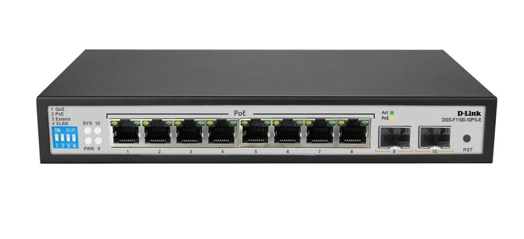 10-port 10/100/1000Base-T Long Range 250m PoE+ Smart Switch with 8 PoE ports, 2 SFP ports, 96W PoE Power budget