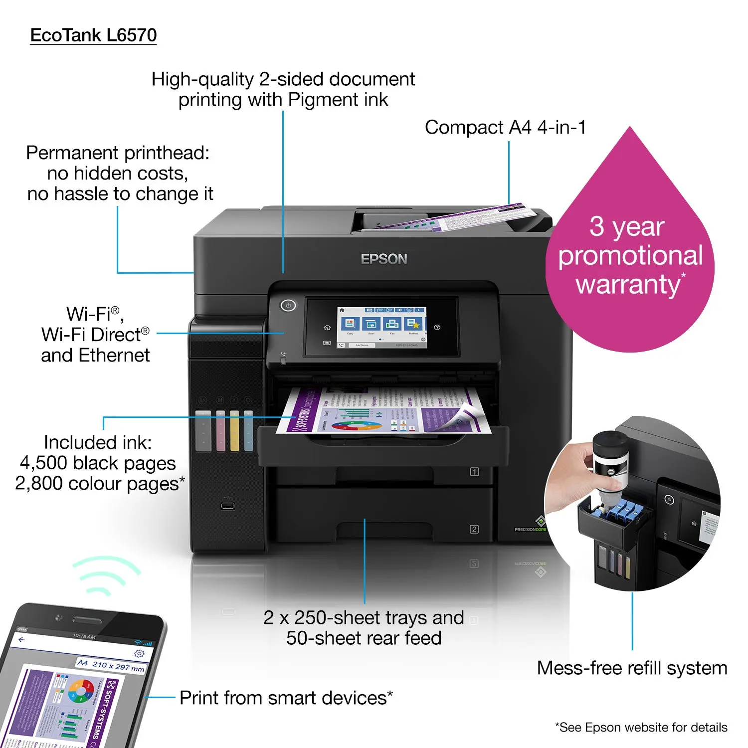 Epson EcoTank L6570 A4 Wi-Fi Duplex Multifunction ADF InkTank Office Printer